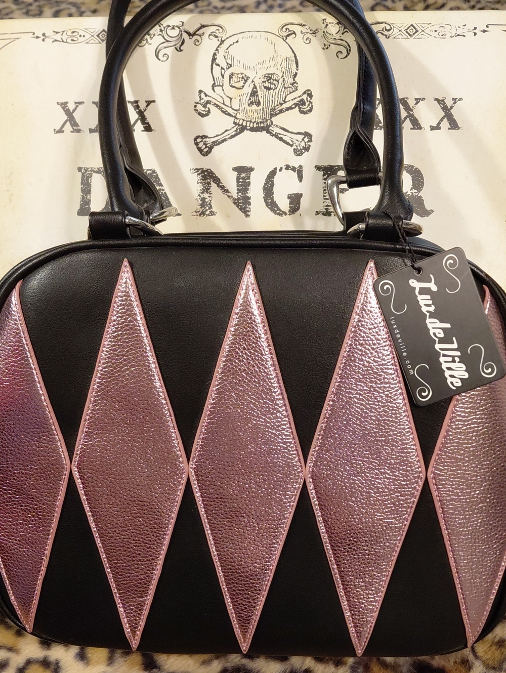LUX DE VILLE CIRCUS Black Handbag with Pink Metallic Diamond Panels